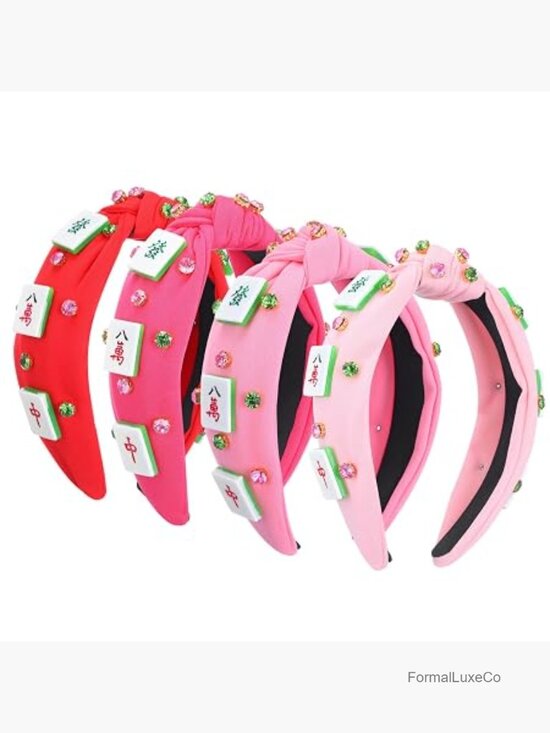 4 Pack Rhinestone Mahjong Knotted Headbands Non Slip Padded Top Knot Wide Hair main image 5